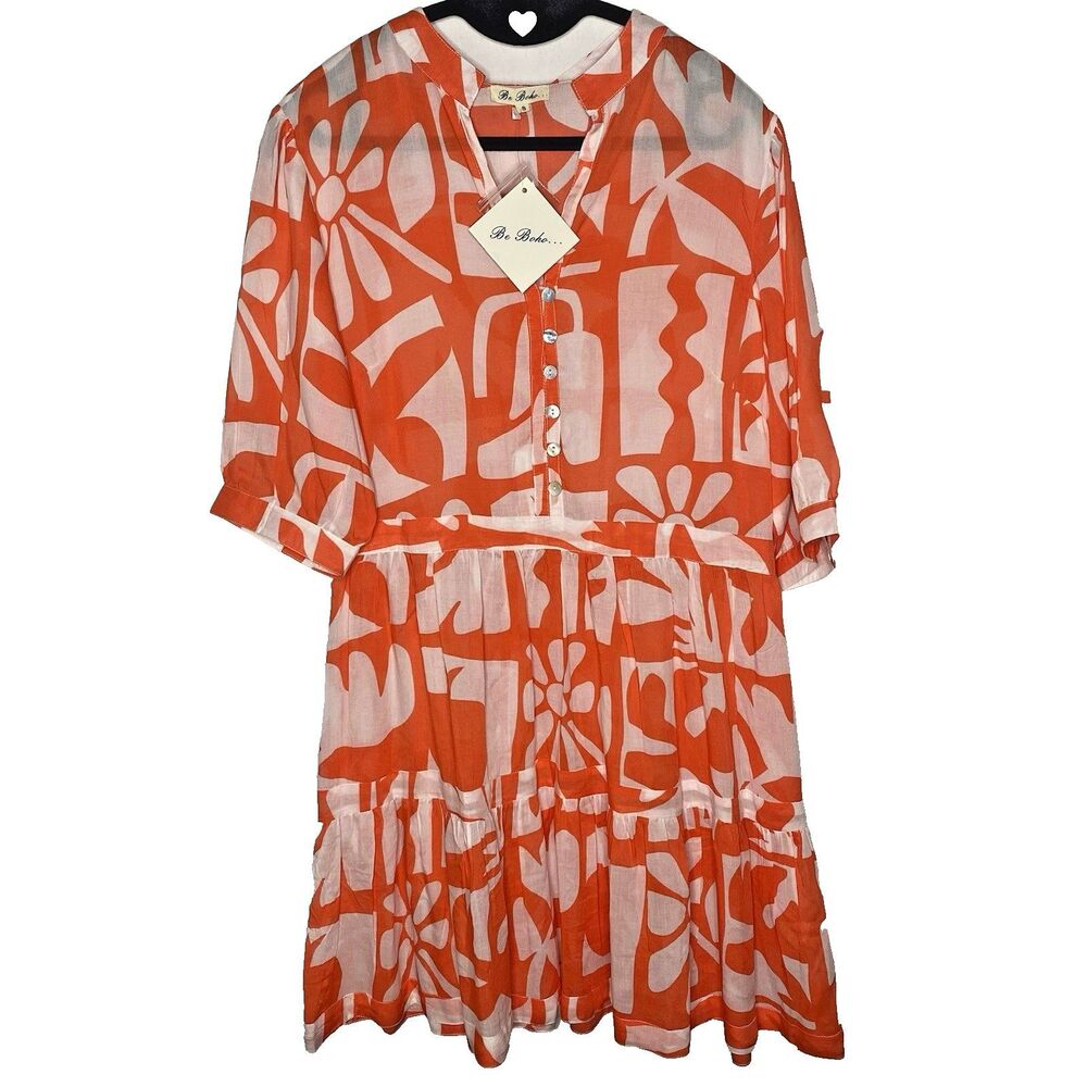 BE BOHO Mini Shirt Dress Sheer Geometric Short Sleeve Pockets Womens S Orange